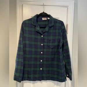 L.L. Bean Size S Blue Green Cotton Flannel Long Sleeve Button Up Pajama Top
